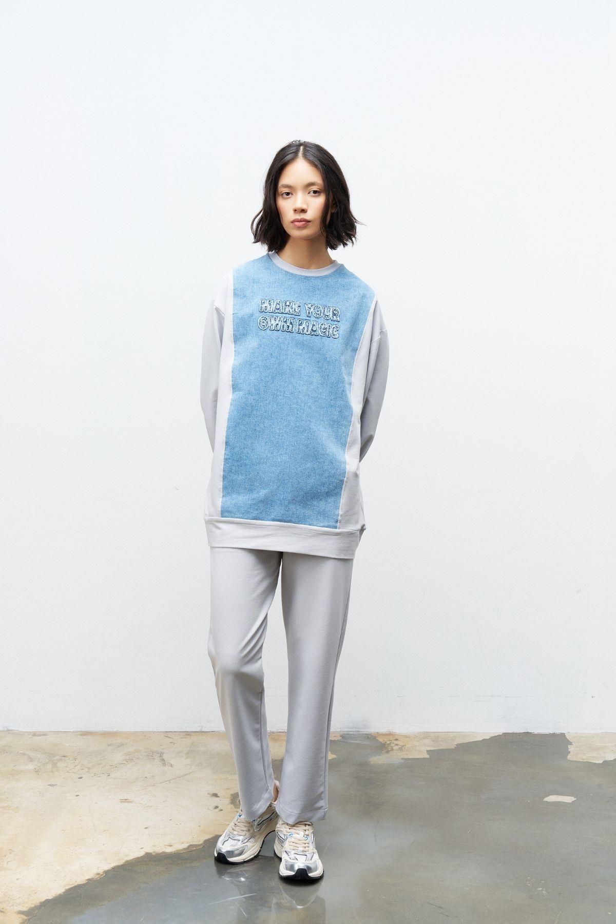 Boyalı Gri Kadın Denim Üzeri Nakış İşlemeli Bisiklet Yaka Sweatshirt Dar Paça Pantolon Pamuklu Örme Alt Üst Takım