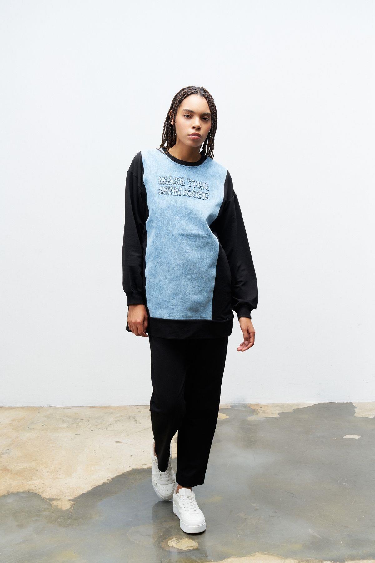 Siyah Kadın Denim Üzeri Nakış İşlemeli Bisiklet Yaka Sweatshirt Dar Paça Pantolon Pamuklu Örme Alt Üst Takım