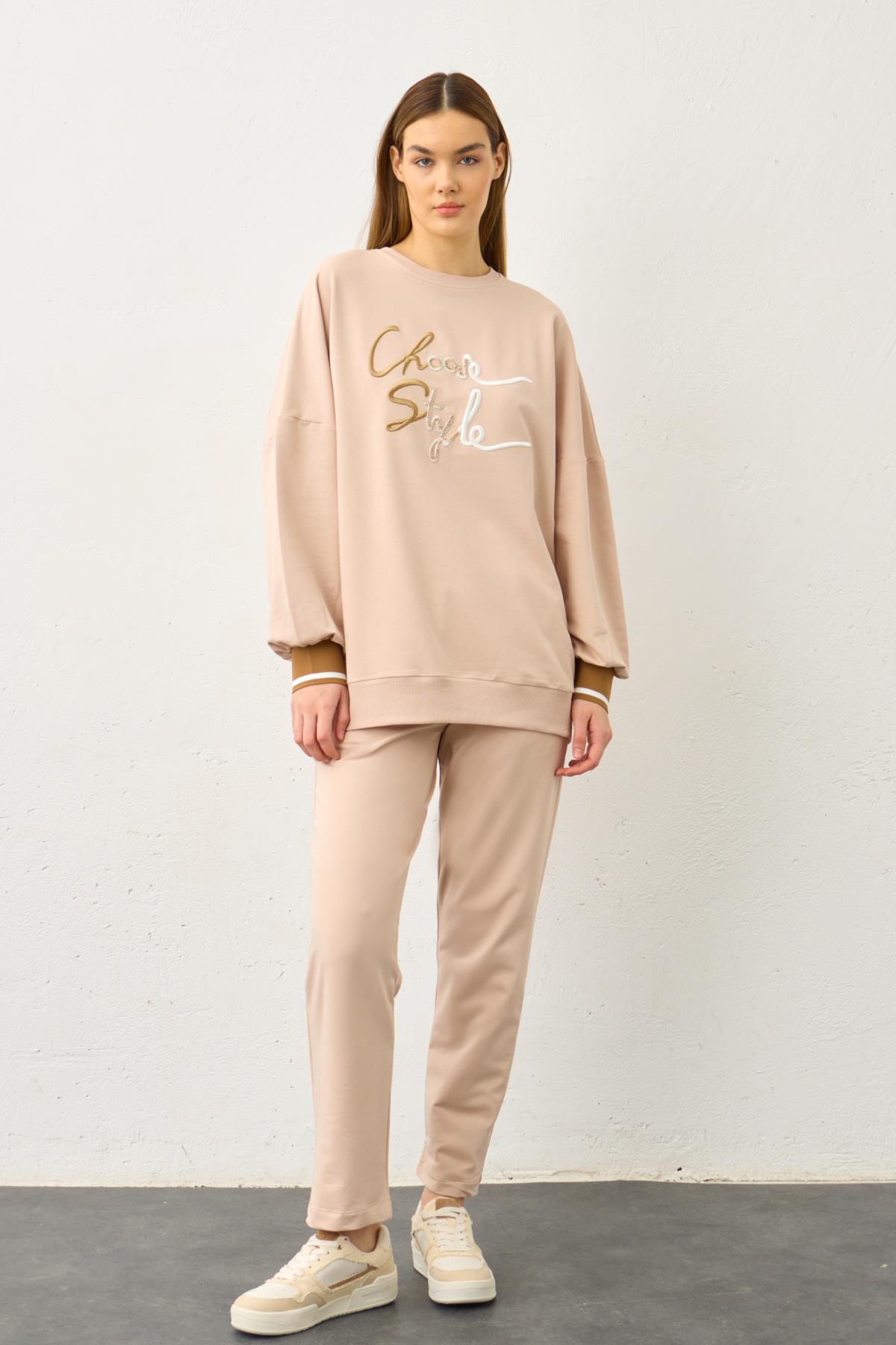 Taş Biye Detaylı Choose Style Nakışlı Pamuklu Örme Alt Üst Takım