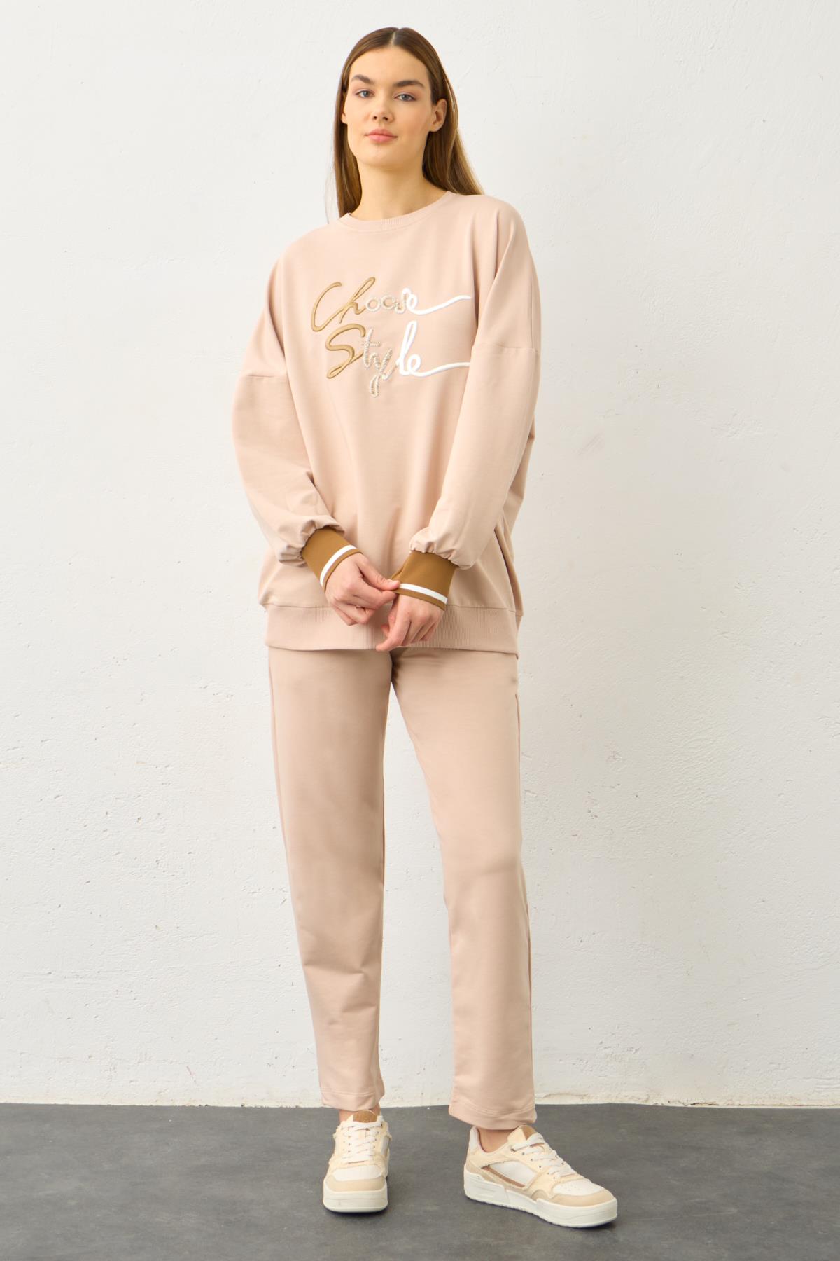 Taş Biye Detaylı Choose Style Nakışlı Pamuklu Örme Alt Üst Takım