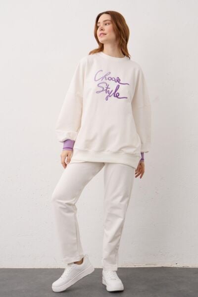 Ekru Biye Detaylı Choose Style Nakışlı Pamuklu Örme Alt Üst Takım