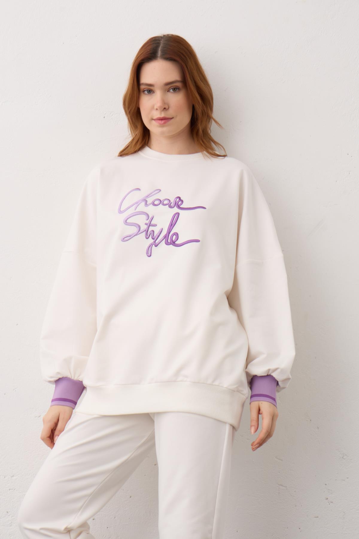 Ekru Biye Detaylı Choose Style Nakışlı Pamuklu Örme Alt Üst Takım