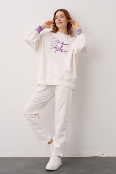 Ekru Biye Detaylı Choose Style Nakışlı Pamuklu Örme Alt Üst Takım