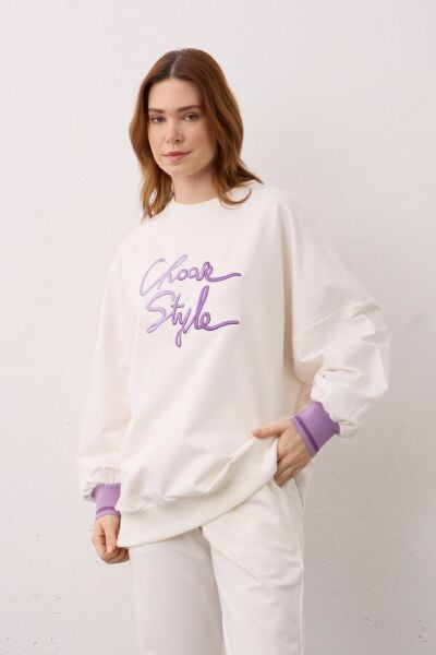 Ekru Biye Detaylı Choose Style Nakışlı Pamuklu Örme Alt Üst Takım