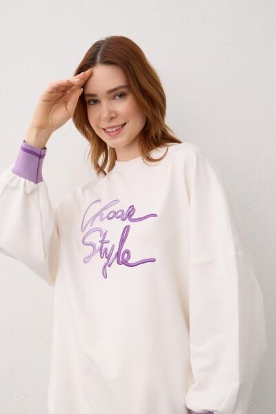 Ekru Biye Detaylı Choose Style Nakışlı Pamuklu Örme Alt Üst Takım