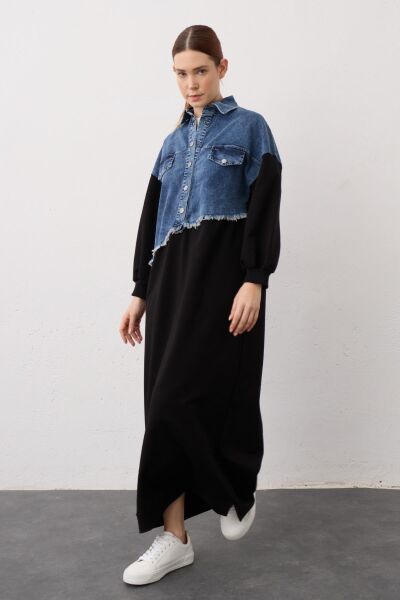 Siyah Denim Detaylı Çıt Çıtlı Pamuklu Örme Elbise