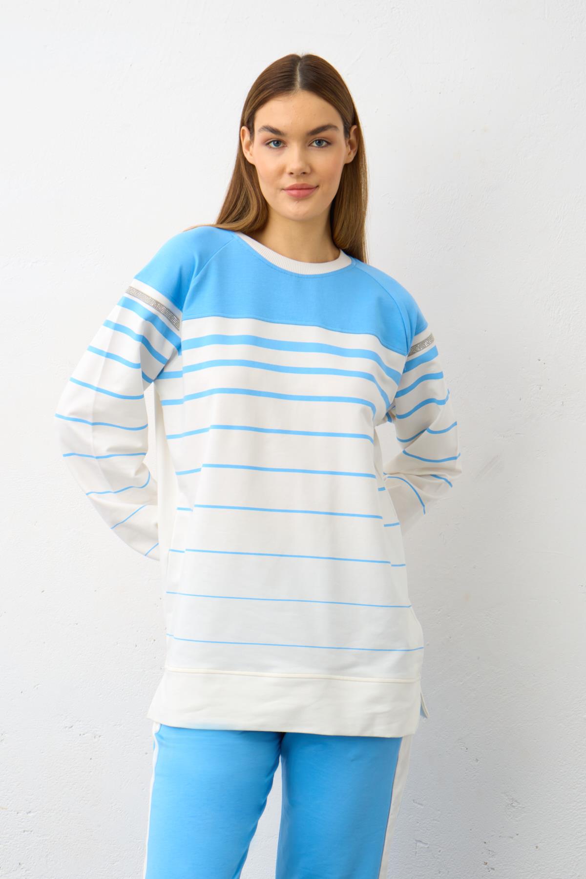 SAKS Kolları Taş Şerit  Detaylı Pamuklu Örme Alt Üst Takım