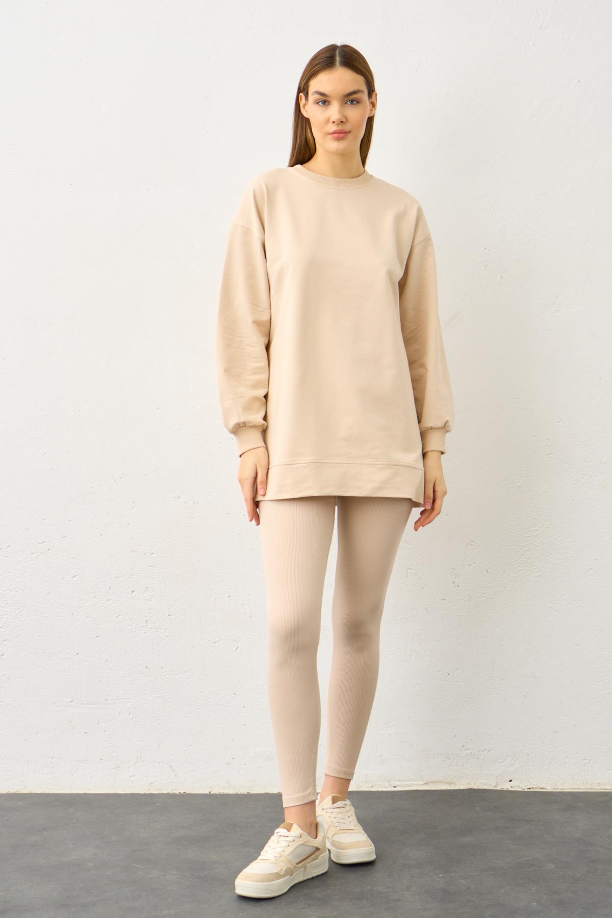 Taş Yüksek Bel Tayt Üstü Bisiklet Yaka Tunik  Pamuklu Alt Üst Takım