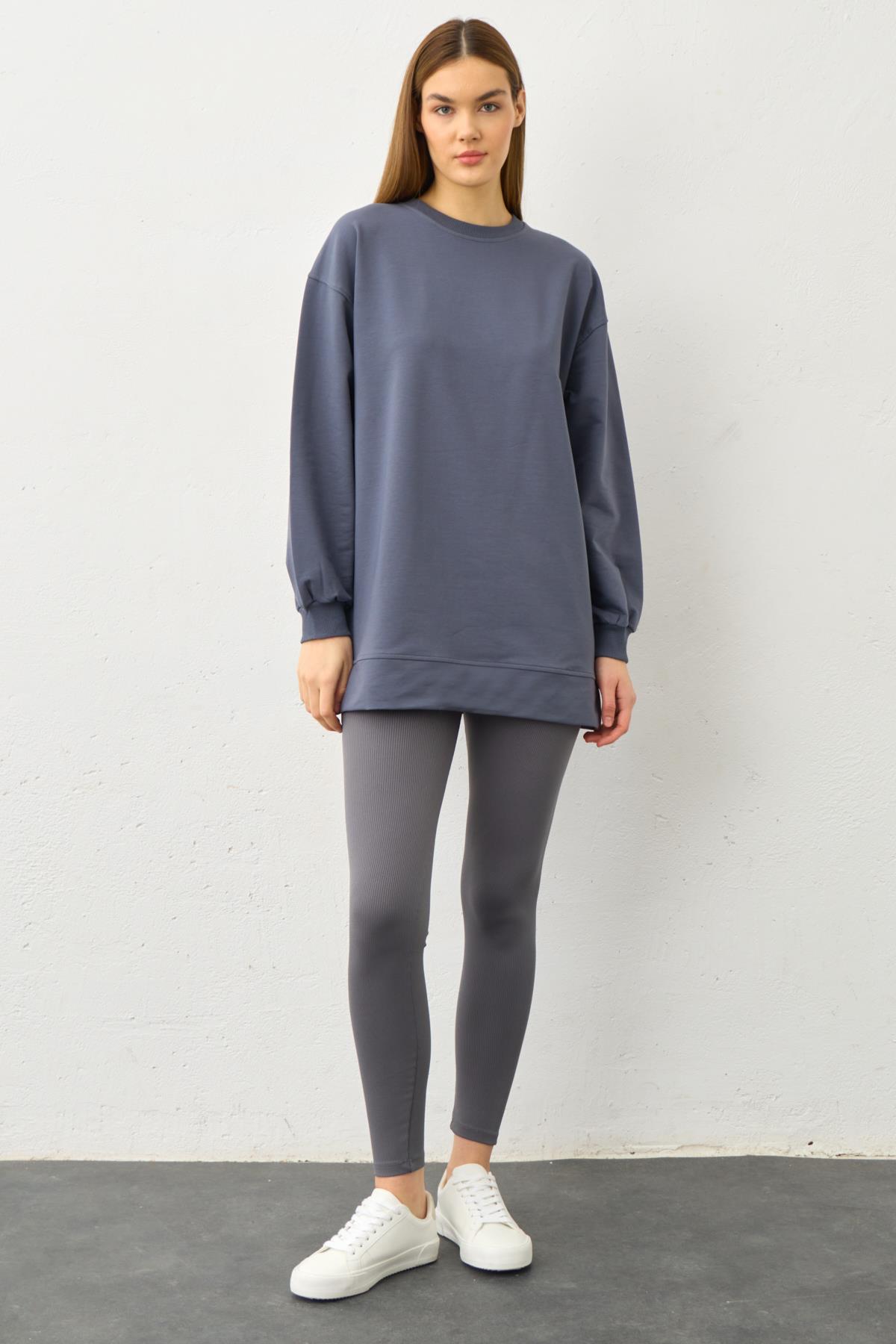 Füme Yüksek Bel Tayt Üstü Bisiklet Yaka Tunik  Pamuklu Alt Üst Takım