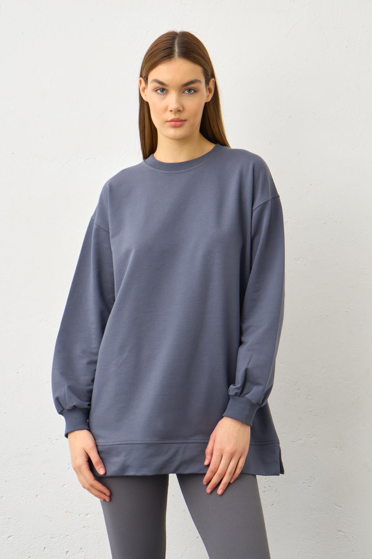 Füme Yüksek Bel Tayt Üstü Bisiklet Yaka Tunik  Pamuklu Alt Üst Takım