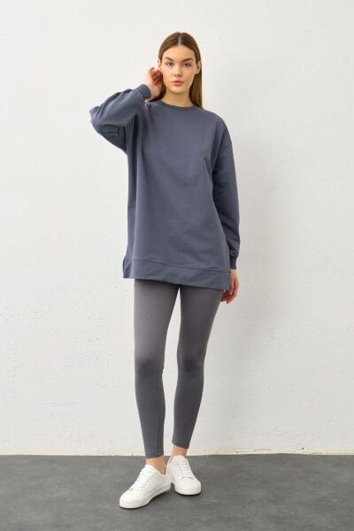 Füme Yüksek Bel Tayt Üstü Bisiklet Yaka Tunik  Pamuklu Alt Üst Takım