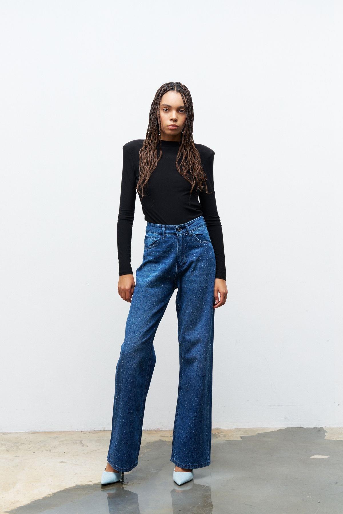 KOYU MAVİ %100 Pamuk  Önü Komple Taş Detaylı Denim