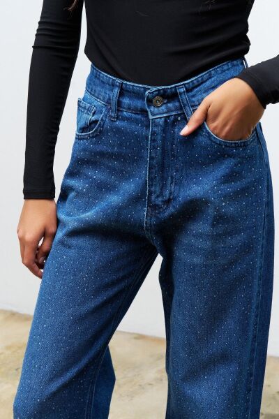 KOYU MAVİ %100 Pamuk  Önü Komple Taş Detaylı Denim