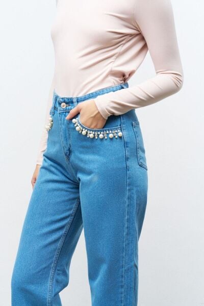 Açık mavi cep detayı incili bol paça %100 cotton denim pantolon