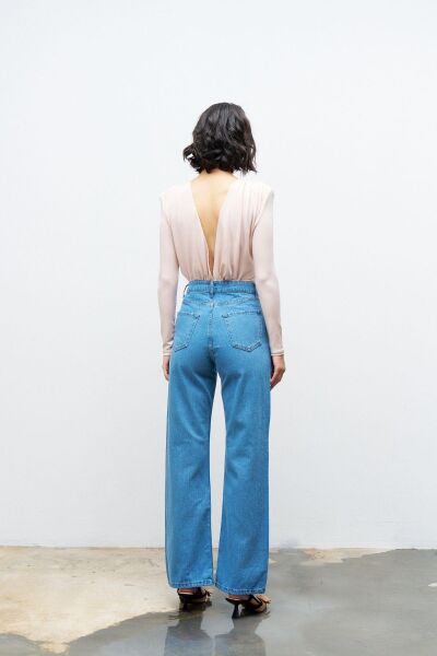 Açık mavi cep detayı incili bol paça %100 cotton denim pantolon