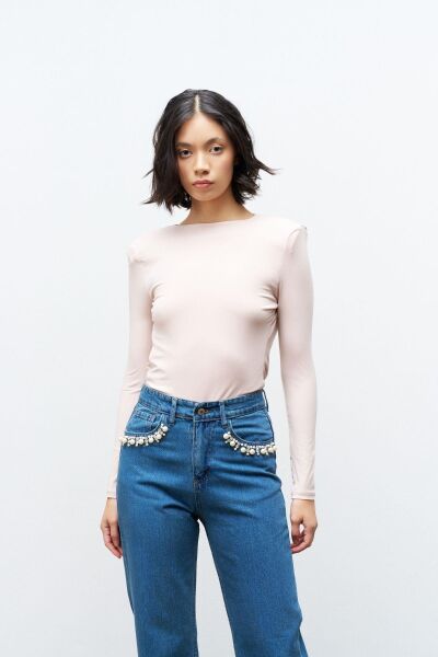 Koyu mavi cep detayı incili bol paça %100 cotton denim pantolon