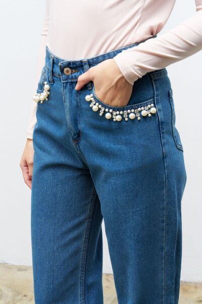 Koyu mavi cep detayı incili bol paça %100 cotton denim pantolon