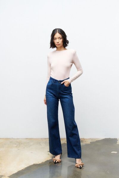 Açık Mavi %100 Cotton Önü Taşlı Straight Fit Denim Pantolon