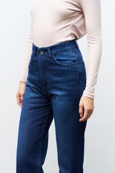 Açık Mavi %100 Cotton Önü Taşlı Straight Fit Denim Pantolon