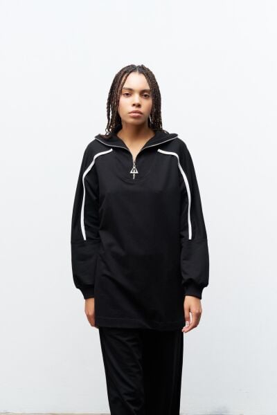 Siyah Kadın Dik Yaka Yarım Fermuarlı Bol Paça Pamuklu Örme Alt Üst Takım