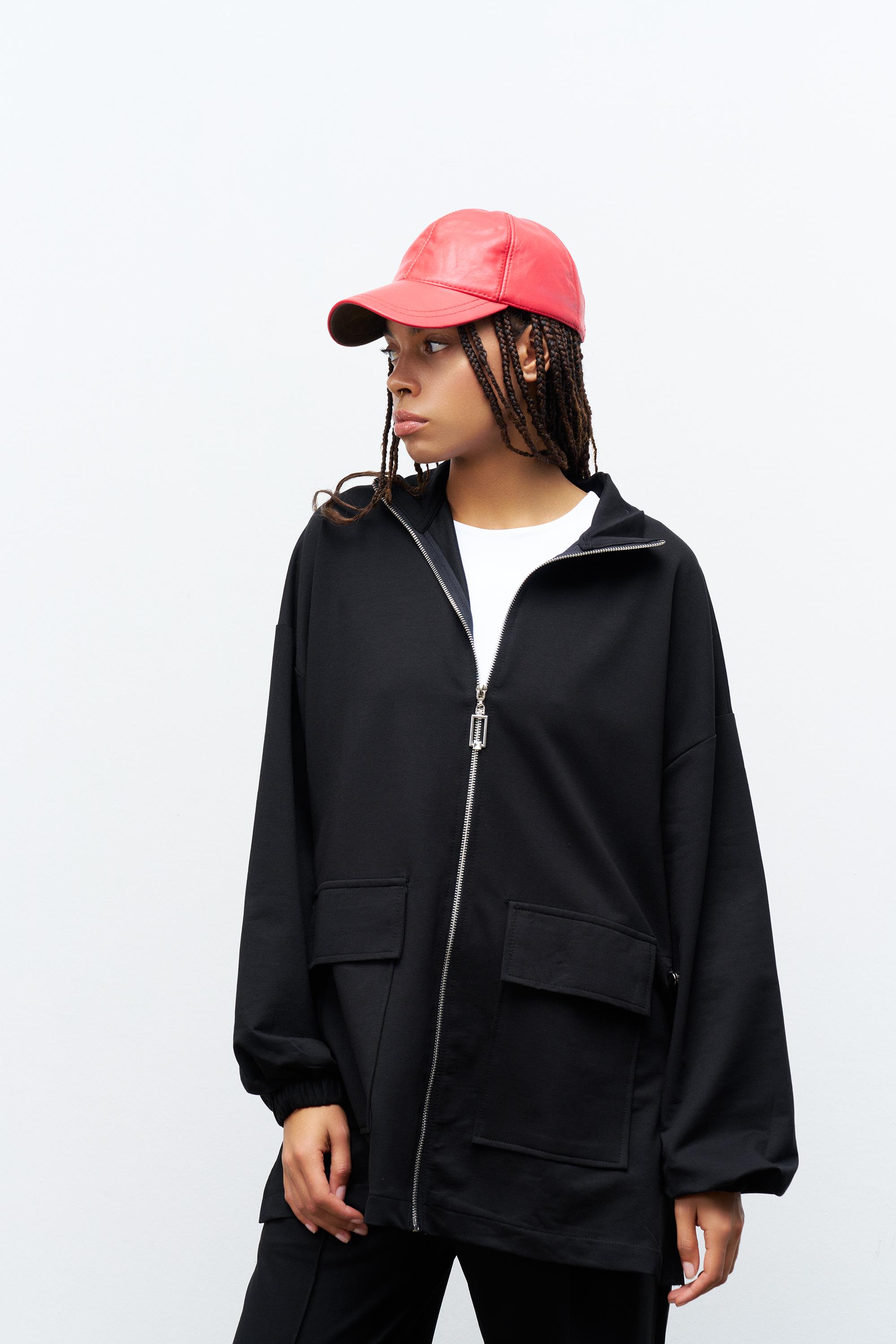 Siyah Kadın Dik Yaka Fermuarlı Kapaklı Cep Detaylı Bol Paça Pamuklu Örme Alt Üst Takım