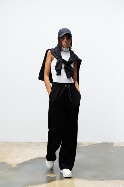 Siyah Kadın Bel Ayarlanabilir Rahat Kalıp Modal Pantolon