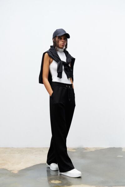 Siyah Kadın Bel Ayarlanabilir Rahat Kalıp Modal Pantolon