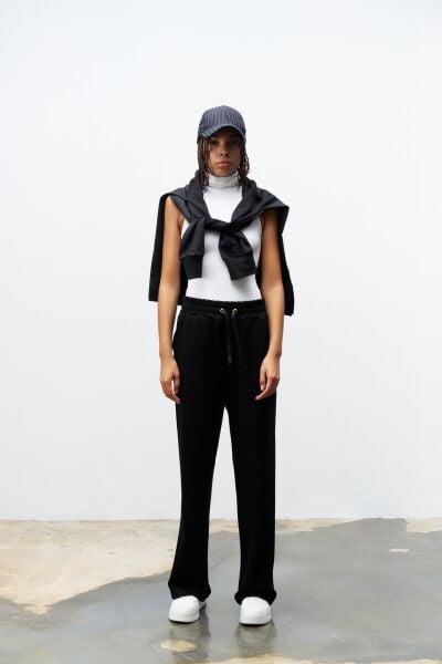 Siyah Kadın Bel Ayarlanabilir Rahat Kalıp Modal Pantolon