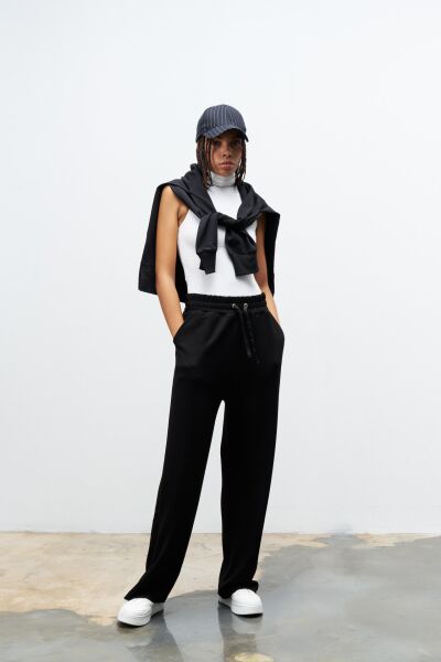 Siyah Kadın Bel Ayarlanabilir Rahat Kalıp Modal Pantolon