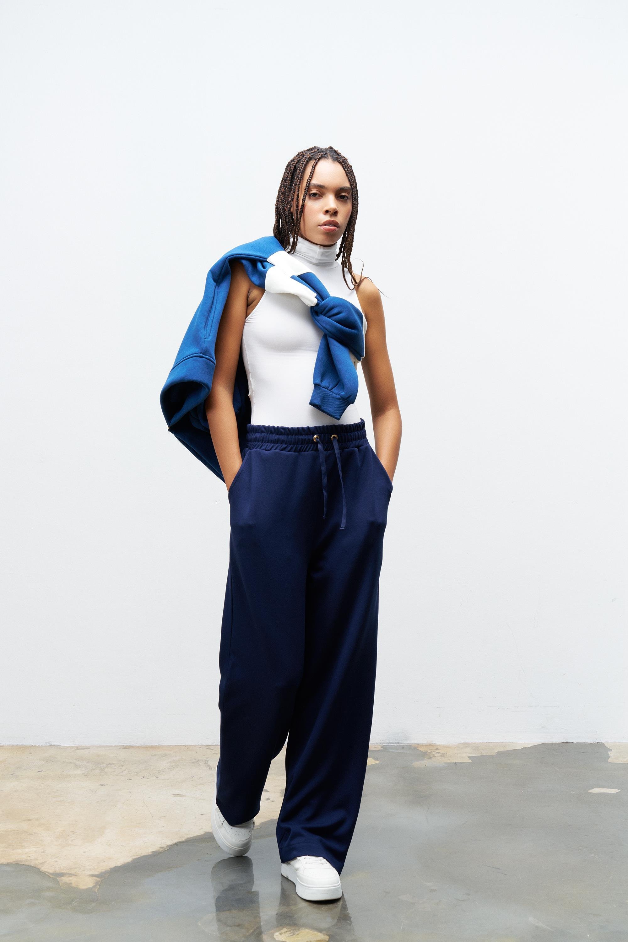 Lacivert Kadın Bel Ayarlanabilir Rahat Kalıp Modal Pantolon