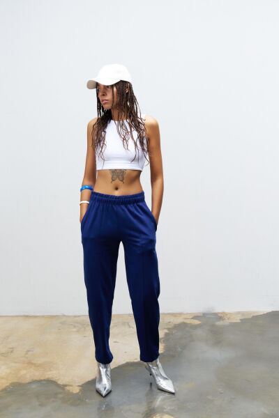 Lacivert Kadın Yüksek Ayarlanabilir Bel Comfort Fit Pamuklu Jogger Pantolon
