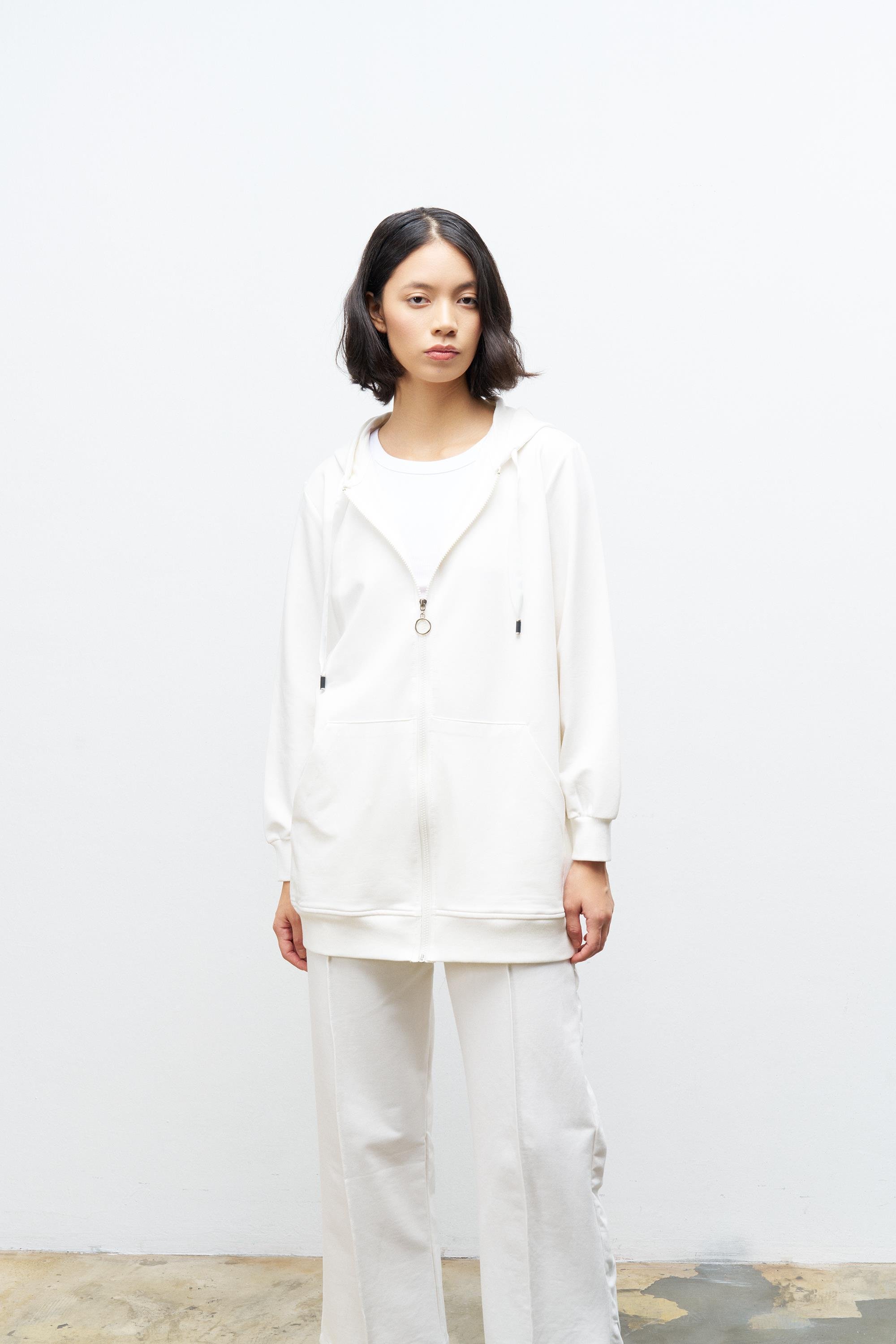 Ekru Kadın Cep Detaylı Fermuar Kapamalı Kapüşonlu Alt Üst Pamuklu Örme Takım