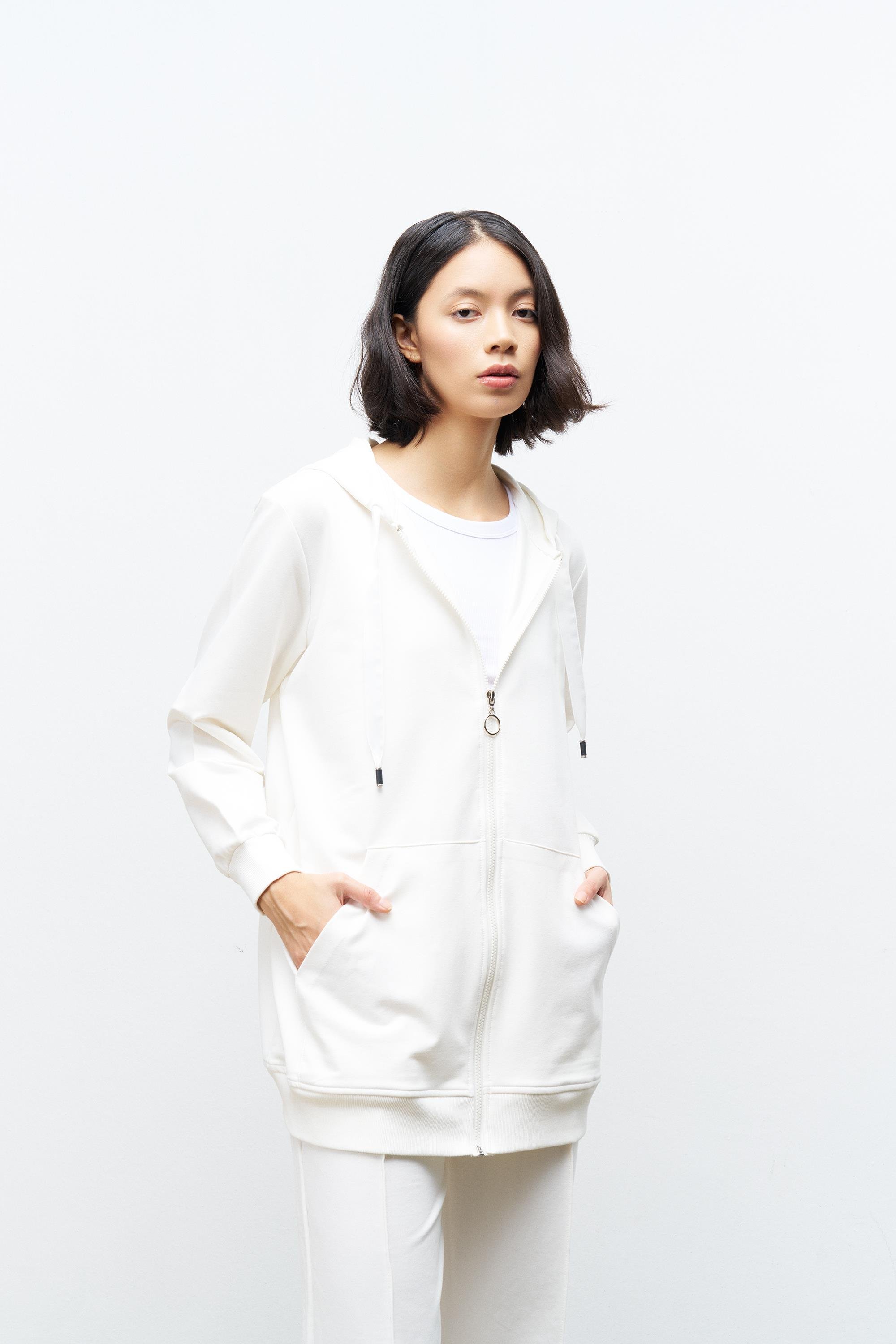 Ekru Kadın Cep Detaylı Fermuar Kapamalı Kapüşonlu Alt Üst Pamuklu Örme Takım