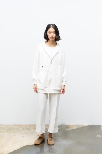 Ekru Kadın Cep Detaylı Fermuar Kapamalı Kapüşonlu Alt Üst Pamuklu Örme Takım