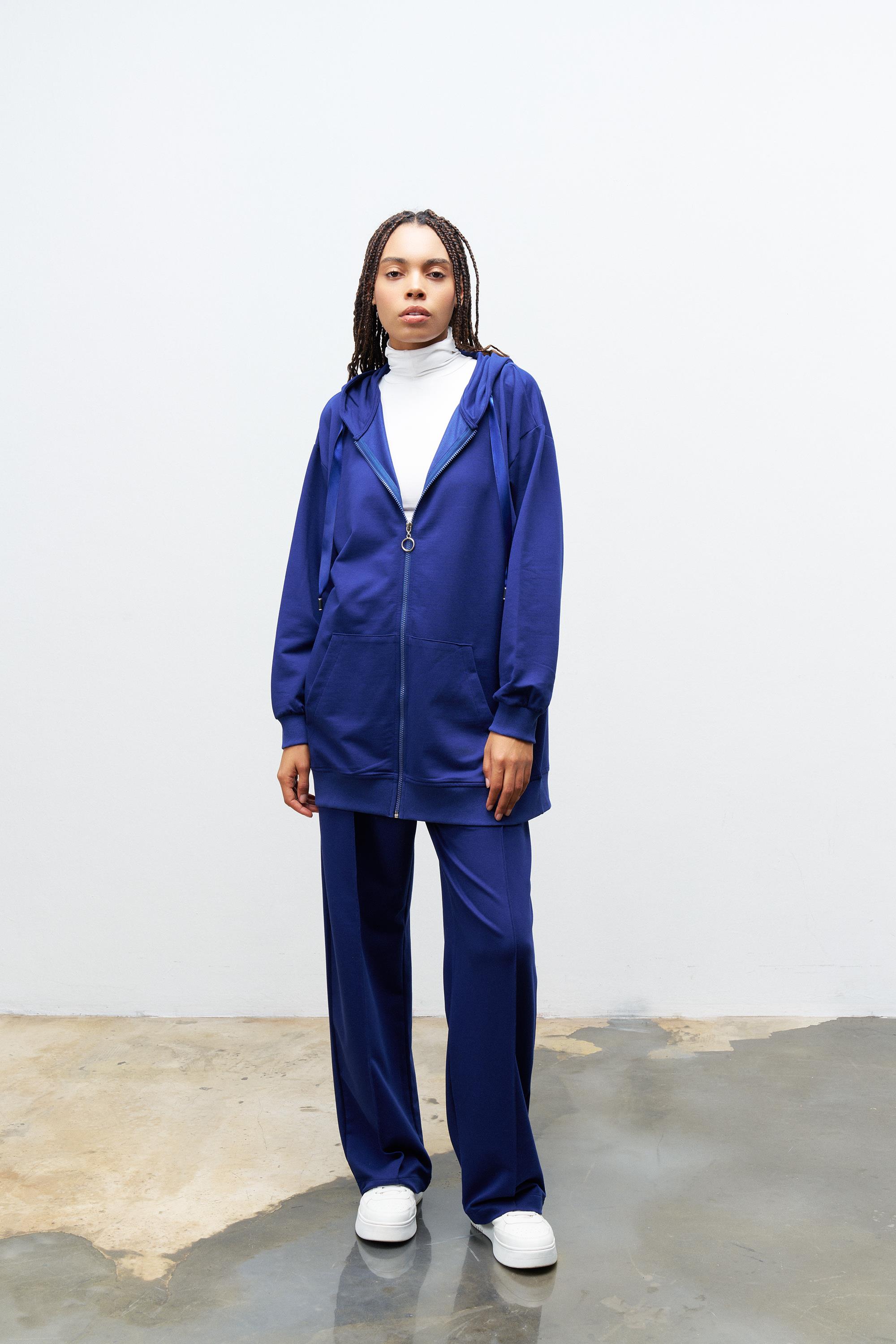 Lacivert Kadın Cep Detaylı Fermuar Kapamalı Kapüşonlu Alt Üst Pamuklu Örme Takım