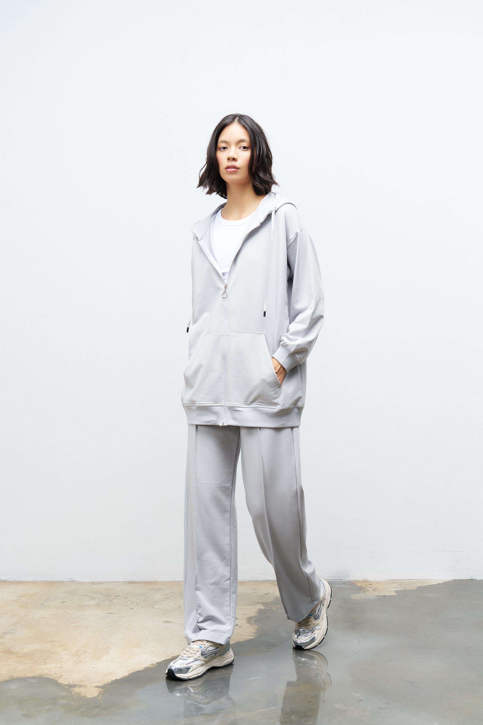 Boyalı Gri Kadın Cep Detaylı Fermuar Kapamalı Kapüşonlu Alt Üst Pamuklu Örme Takım