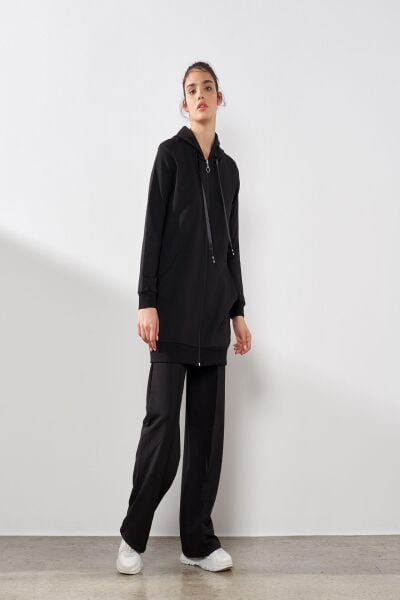 Siyah Kadın Cep Detaylı Fermuar Kapamalı Kapüşonlu Alt Üst Pamuklu Örme Takım