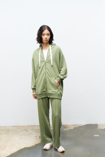 Koyu Haki Kadın Cep Detaylı Fermuar Kapamalı Kapüşonlu Alt Üst Pamuklu Örme Takım
