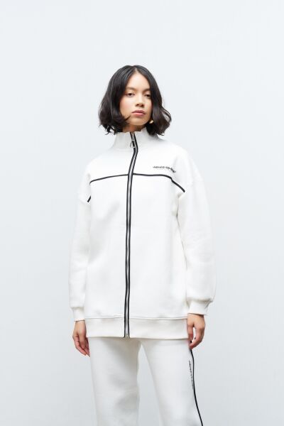 Ekru Kadın Yazı Baskı Detaylı Fermuarlı İçi Polarlı Alt Üst Takım