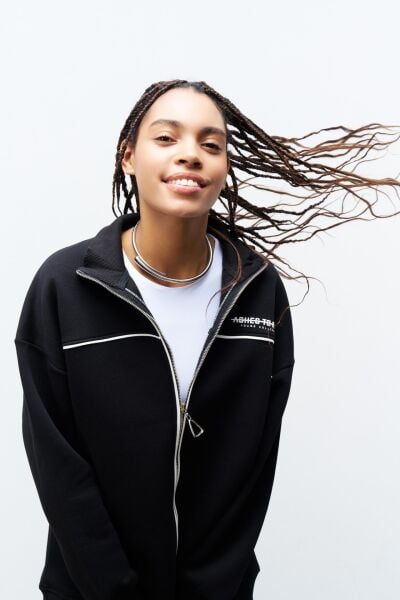 Siyah Kadın Yazı Baskı Detaylı Fermuarlı İçi Polarlı Alt Üst Takım