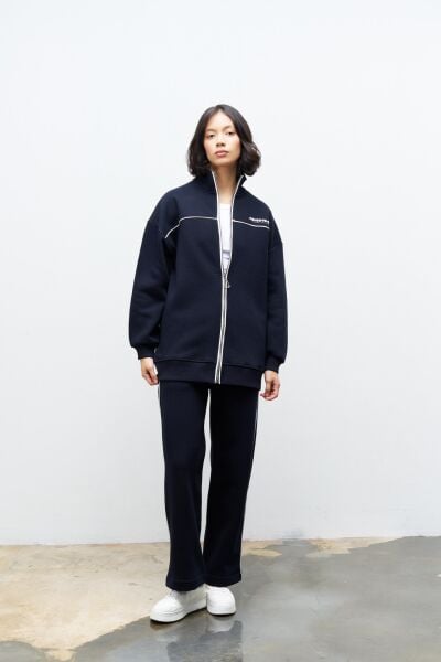 Füme Kadın Yazı Baskı Detaylı Fermuarlı İçi Polarlı Alt Üst Takım