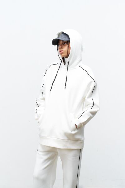 Ekru İçi Polarlı  Süs Etiket Detaylı Kapüşonlu Şardonlu Alt Üst  Kışlık Takım