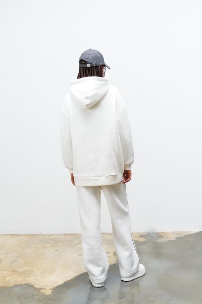 Ekru İçi Polarlı  Süs Etiket Detaylı Kapüşonlu Şardonlu Alt Üst  Kışlık Takım