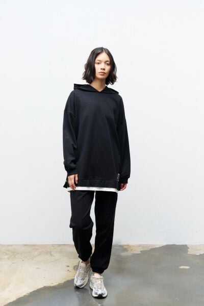 Text Kapüşonlu Basic Oversize Siyah Alt Üst Eşofman Takımı