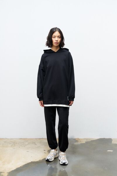 Text Kapüşonlu Basic Oversize Siyah Alt Üst Eşofman Takımı