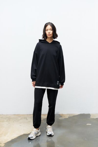 Text Kapüşonlu Basic Oversize Siyah Alt Üst Eşofman Takımı