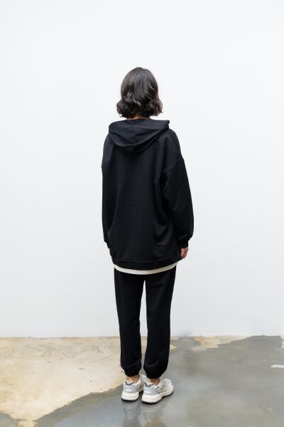 Text Kapüşonlu Basic Oversize Siyah Alt Üst Eşofman Takımı