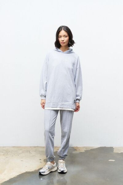 Text Kapüşonlu Basic Oversize Gri Alt Üst Eşofman Takımı