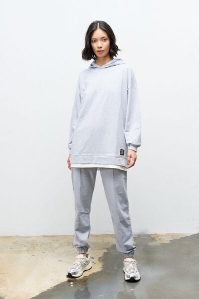 Text Kapüşonlu Basic Oversize Gri Alt Üst Eşofman Takımı