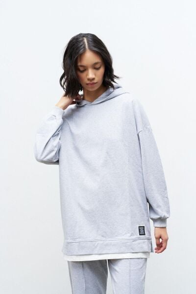 Text Kapüşonlu Basic Oversize Gri Alt Üst Eşofman Takımı